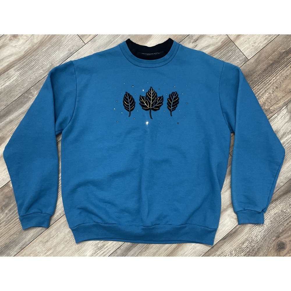 Vintage sweatshirt Top Stitch blue with black‎ leaves design Size Large